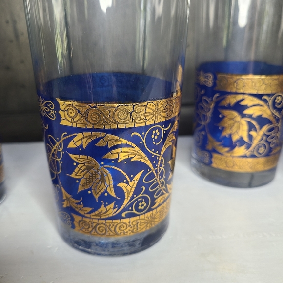 Vintage Cobalt blue and gold MCM Highball Glasses with Moroccan design Set of 4 - Picture 2 of 6
